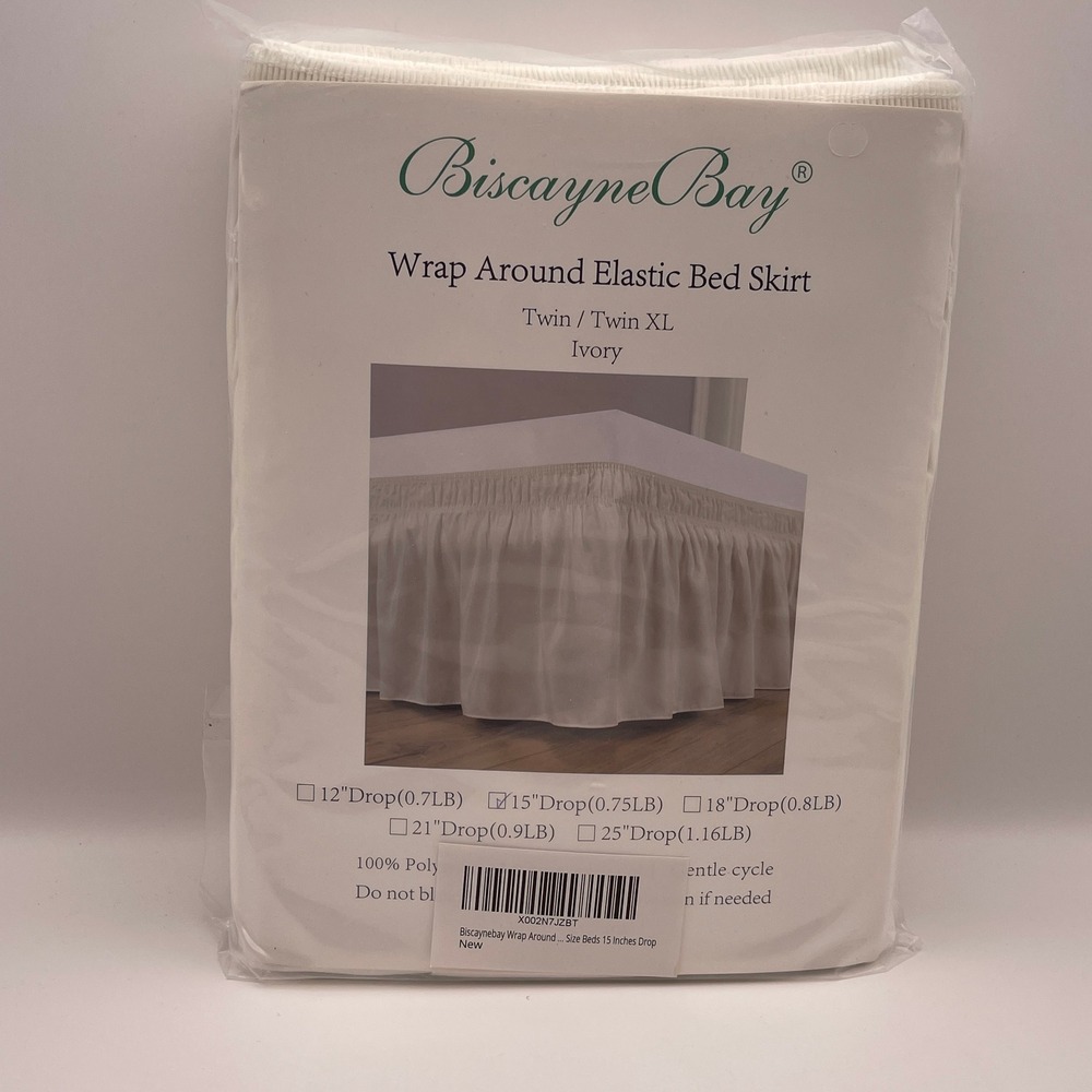 Biscayne Bay Wrap Around Elastic Bed Skirt Twin Twin XL Ivory 15 Inch Drop‎ NIP